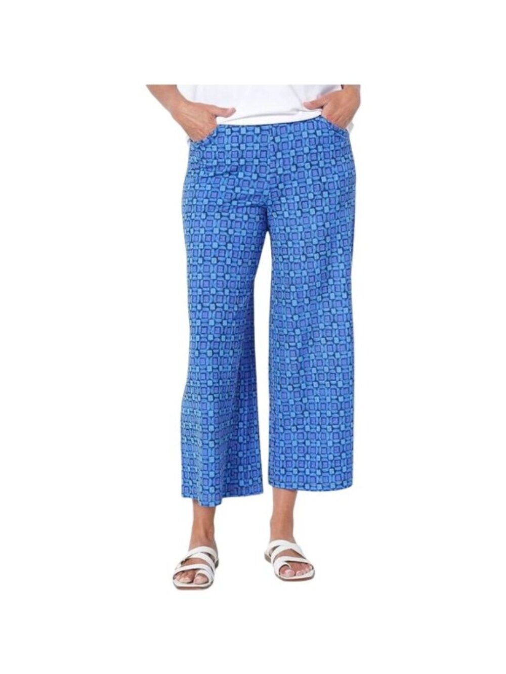 Isaac Mizrahi Live Size 1X Tall Mixed Print Pebble Knit Pant Blue Poly Blend NEW